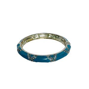 Silver Tone Blue Rhinestone And Blue Enamel Hinged Bangle Bracelet (6151)